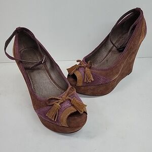 Nicole Peep Toe  Purple/Brown Womens Sz 6.5M Wedge Heel Tassel Bow Preppy Comfy